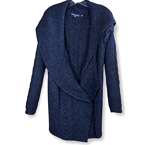 VINCE. Charcoal Gray Asymmetrical  Open Front Cardigan Sweater Cable Knit Sz XS - Picture 7 of 9
